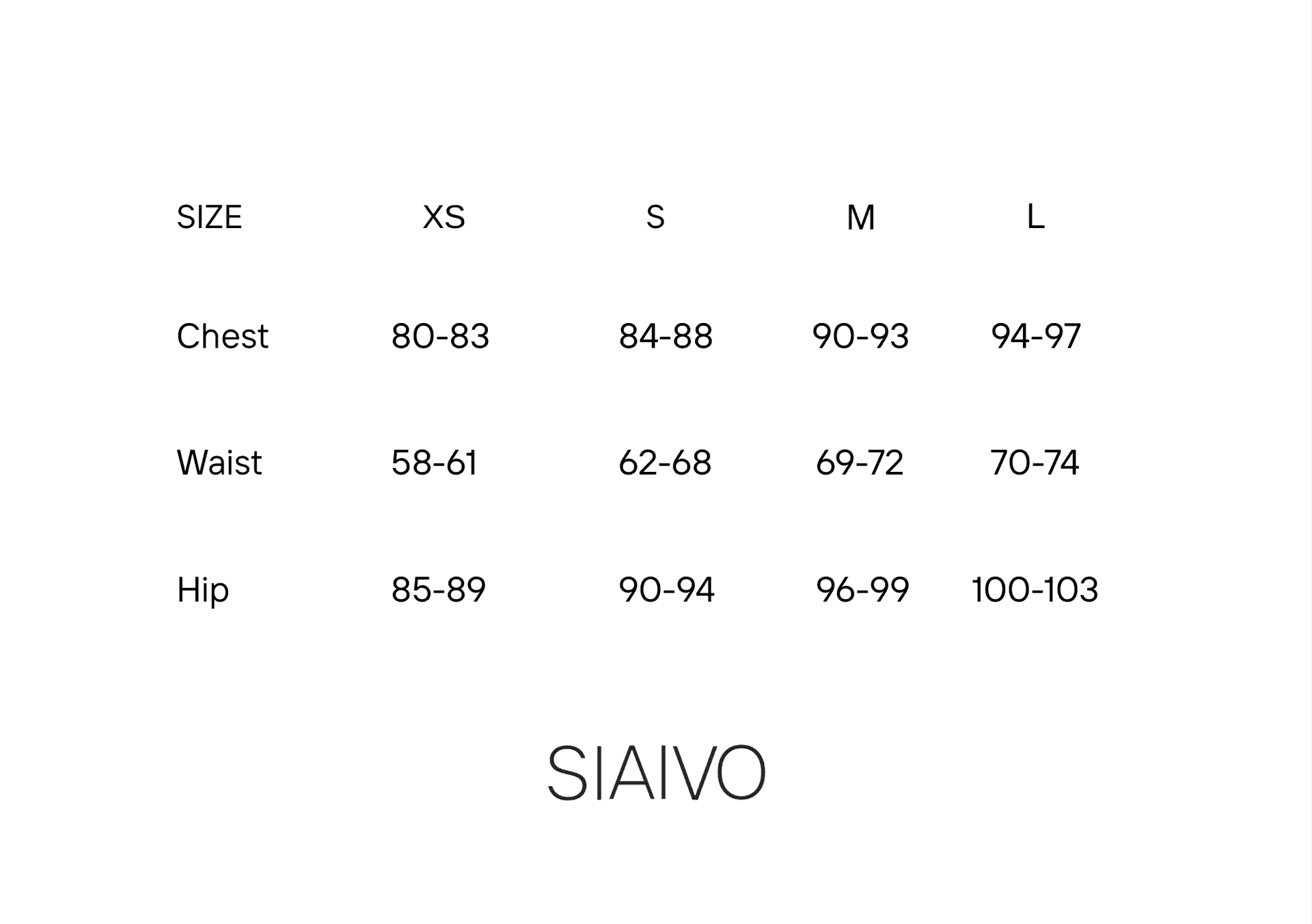 Siaivo size guide chart